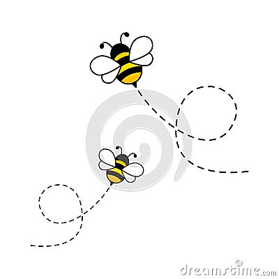 Bees flying on dotted route. Cute bumblebee characters Vector Illustration